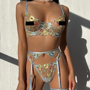 Transparent lingerie,Cute underwear set,Floral lingerie set,Full lingerie set,Sheer bra,See through panty,Flower bra,Dainty lingerie set