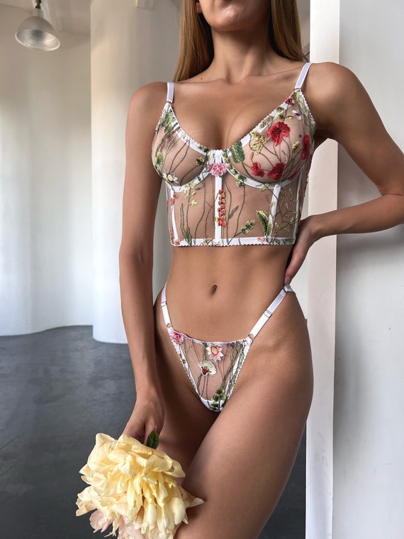 See Through Bra and Panties Underwear Floral Embroidery Langerie