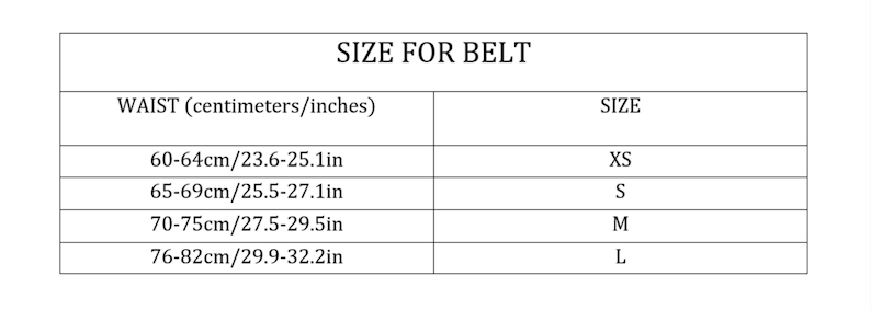 K&ouml;nnte beinhalten: Eine Gr&ouml;&szlig;entabelle f&uuml;r G&uuml;rtel mit Taillenma&szlig;en in Zentimetern und Zoll. Die Gr&ouml;&szlig;en reichen von XS bis L, mit Taillengr&ouml;&szlig;en von 60 cm bis 82 cm (23,6 Zoll bis 32,2 Zoll).