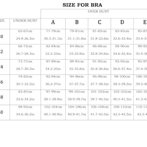 May include: A chart showing bra sizes with measurements in inches and centimetres for underbust and overbust. The chart includes sizes 30 through 40.