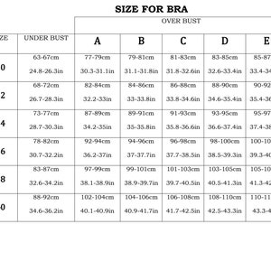 May include: A chart showing bra sizes with measurements in inches and centimetres for underbust and overbust. The chart includes sizes 30 through 40.