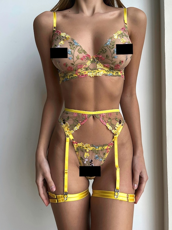 Sheer lingerie  Transparent lingerie,See through lingerie,Garter belt lingerie,See through  bra,Sheer lingerie,Honeymoon lingerie,Mesh panties,Yellow garter - Etsy 日本