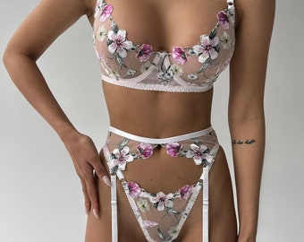 Lingerie flower,White lingerie,Sheer bra,Handmade lingerie,Floral lingerie set,Cute underwear set,Embroidered lingerie set,Transparent panty