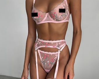 Embroidered lingerie set,Floral lingerie set,Sheer bra,Garter belt,Embroidery lingerie,Transparent lingerie,Floral bralette,Lingerie flower