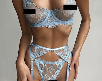 Lencería de encaje floral, Tanga transparente, Sujetador transparente, Conjunto completo de lencería, Conjunto de ropa interior bonito, Liga, Lencería transparente, Sujetador sexy, Braguitas de encaje
