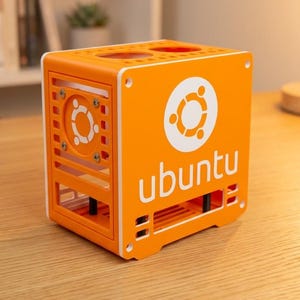 Könnte beinhalten: Ein leuchtend oranges, würfelförmiges Computergehäuse mit dem weißen Ubuntu-Logo und Schriftzug auf der Seitenwand. Das Gehäuse verfügt über ein gitterartiges Belüftungsmuster, einen runden Lüfterausschnitt mit Ubuntu-Logo und sichtbare Stützpfeiler.