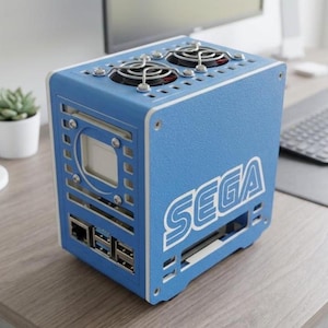 Puede incluir: Una caja de ordenador azul en forma de cubo con el logotipo blanco de SEGA en el lateral. El panel superior incluye dos ventiladores de refrigeración circulares con rejillas metálicas plateadas. El panel frontal muestra varios puertos y un hueco.