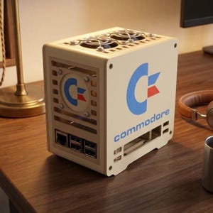 May include: A beige, cube-shaped computer case featuring the Commodore logo in blue and red. The top panel includes two circular cooling fans with silver grilles. The front panel displays a network port and three USB ports, with the word commodore printed.