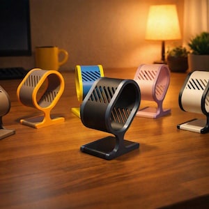 Op de afbeelding: Een collectie van vijf kleine, C-vormige standaards met een platte voet en diagonale ventilatiesleuven. De standaards zijn oranje, blauw, zwart, roze en beige, elk met een contrasterende binnenkleur en een stevig, rechtopstaand ontwerp.