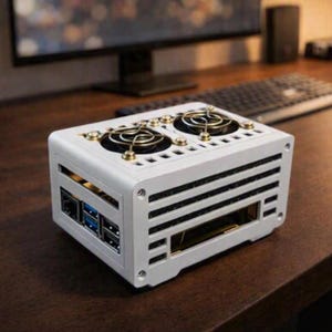 May include: A white rectangular computer case featuring two circular cooling fans on the top surface with gold-toned metal grilles. The side panel displays multiple input and output ports, including USB and Ethernet connections, integrated into the chassis.