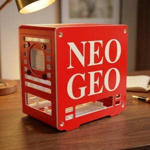 May include: A bright red, box-shaped computer case featuring the white text NEO GEO printed on the side. The structure has a white interior frame, a circular fan mount on the front panel, and rectangular ventilation cutouts along the bottom edge.