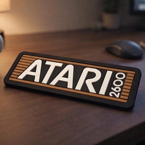 May include: A rectangular Atari 2600 logo sign featuring a black border, a wood-grain textured background, and raised white lettering that spells out ATARI 2600. The sign has a clean, flat design with high-contrast colors and clear typography.
