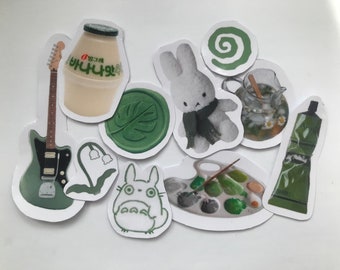 Pack de pegatinas estéticas verde salvia: Miffy, Totoro y Milk - 10 vinilos brillantes