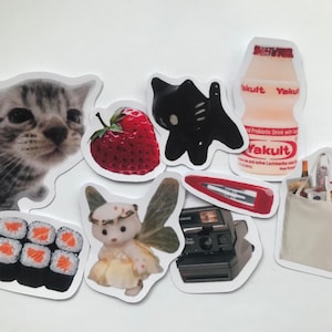 Red Strawberry Sushi yakult Silly Cat Paquete de pegatinas estéticas Calcomanías de vinilo brillantes