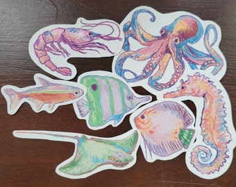 Marine Life glanzend vinyl stickerpakket, oceaandieren, zeedieren