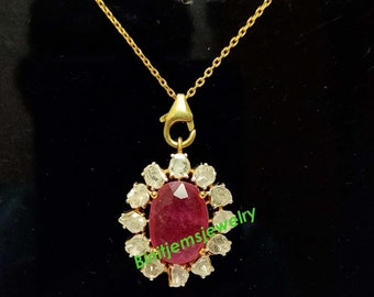 Natural Ruby Pendant, Polki Diamond Pendant, Handmade Design 925 Sterling Silver Anniversary Gift Pendant, Victorian Pendant Jewelry