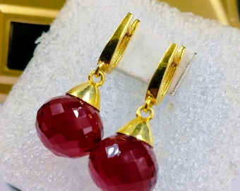 Ruby Briolette Earrings, 925 Sterling Silver Dangle Earrings, July Birthstone