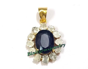 Blue Sapphire Gemstone Pendant Polki Diamond Pendant Gemstone Flower Pendant Handmade Jewelry 925 Sterling Silver Jewelry Anniversary Gift