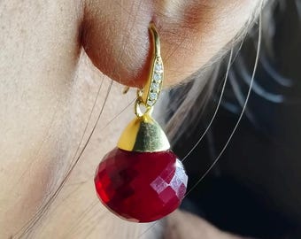 Sterling Silver Vermeil Ruby Dangle Earrings, CZ Accents