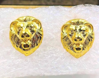 14K Gold Leo Zodiac Lion Stud Earrings, Hypoallergenic Screw Back