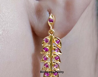 Handmade Ruby Sterling Silver Leaf Earrings, July Birthstone