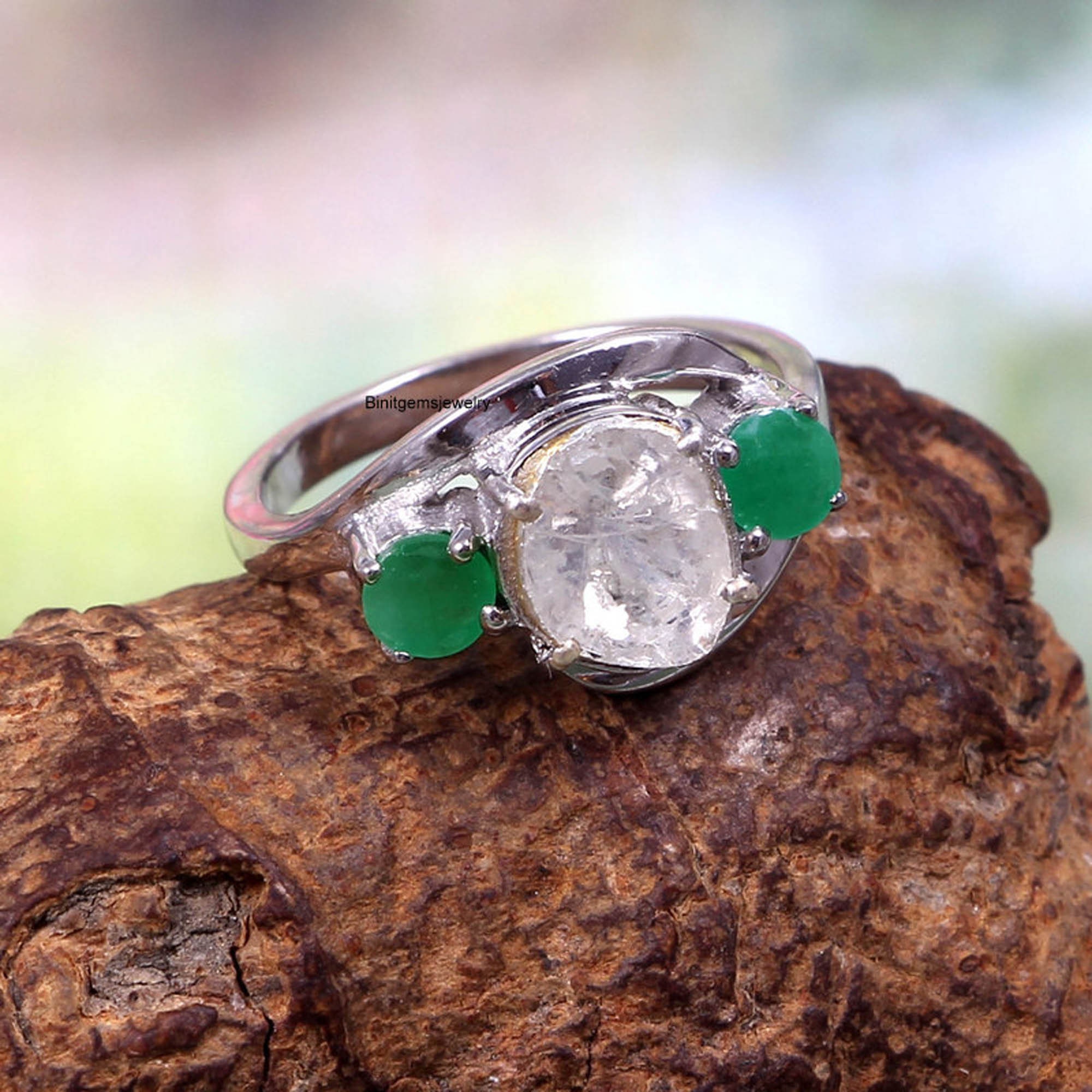 Bague émeraude 7 carats faite main : pierre ovale en argent sterling 925 - France