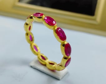 Oval Cut Ruby Full Eternity Band, 925 Sterling Silver, Stacking Band, Oval ruby Gemstone, july Birthstone, Handmade Art Deco Eternity Band