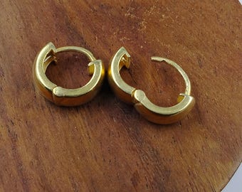May include: Two gold-colored hoop earrings. The earrings are small, with a rounded shape and a hinged clasp. The earrings are displayed on a wooden surface. The earrings are a simple, classic design.