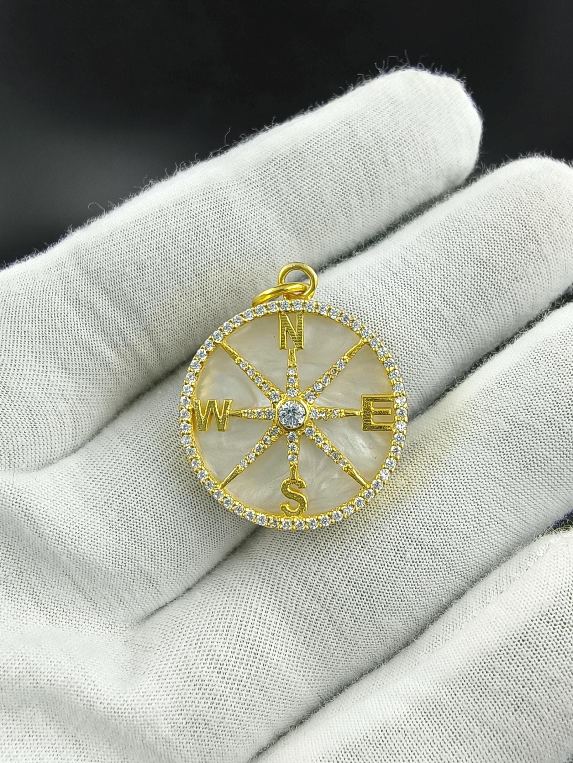 Designer Compass Mother Of Pearl Diamond Charm Pendant, 925 Sterling Silver Mother Of Pearl Diamond Silver Charm, Handmade Pendant Jewelry