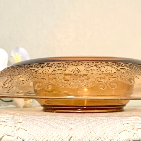 Vintage 1930's Cambridge Amber Etched Glass Rolled Edge Shoulder Console Bowl