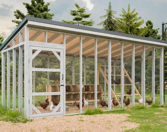 May include: A white wooden chicken coop with a wire mesh enclosure. The coop has a door and a ramp leading to a nesting box. There are several chickens inside the coop.
