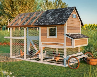 May include: A wooden chicken coop with a white frame and a metal wire enclosure. The coop has a small window and a nesting box. There are several chickens inside the coop.