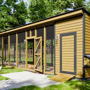 DIY walk in chicken coop plans with enclosed run for 22 chickens