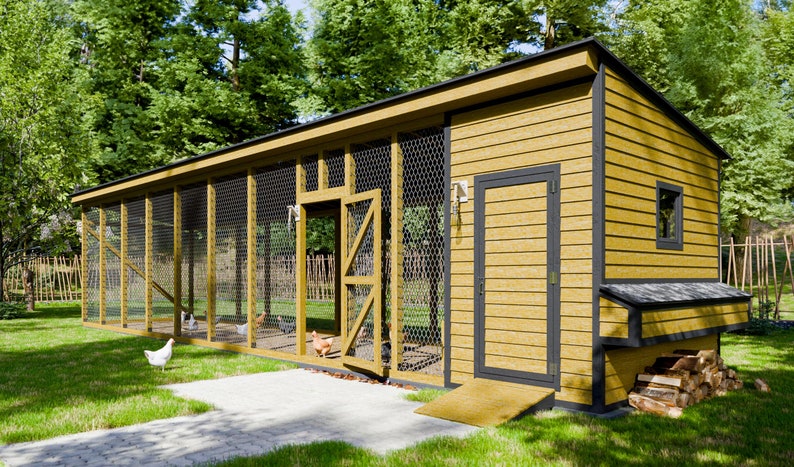 DIY walk in chicken coop plans with enclosed run for 22 chickens