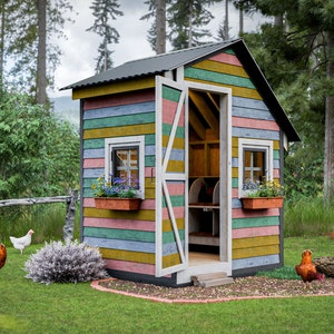 May include: A colorful wooden chicken coop with a door open, revealing nesting boxes inside. The coop is surrounded by green grass and trees, and there are several chickens in the yard.