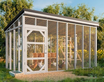 May include: A white wooden chicken coop with a wire mesh enclosure. The coop has a door and a nesting box. There are chickens inside the coop.