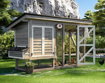 May include: A wooden chicken coop with a gray and white paint finish. The coop has a nesting box, a door, and a run. There are chickens in the run.
