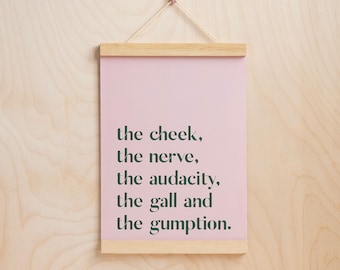 The cheek, the nerve, the audacity, the gall and the gumption! Tayce/RuPaul drag race inspired artwork quote in pink and green A4 A5 print