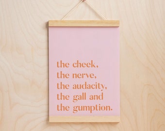 The cheek, the nerve, the audacity, the gall and the gumption! Tayce/RuPaul drag race inspired artwork quote in pink and orange A4, A5 print