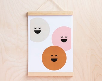 HAPPY FACES ~ pink mustard and beige Print  ~ wall art in A3 / A4. Enhance a nursery or living room with this positive uplifting print