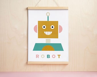 ROBOT A4 A5 colourful children's bedroom digital print. Kids wall art ~ gender neutral nursery interior.