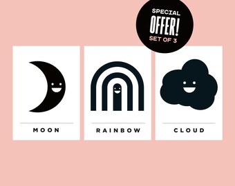 Moon Rainbow Cloud monochrome weather set of 3, unframed prints, size A5. Black and white wall art perfect for nursery / kid's bedroom