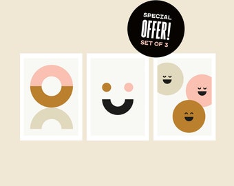 Abstract happy kid set of 3 postcard prints, neutral colour palette, perfect for nursery / kid's bedroom wall art