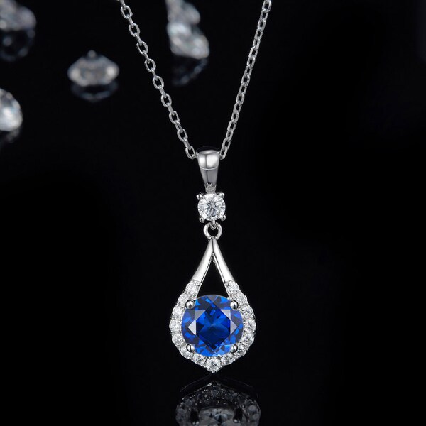 SAPPHIRE NECKLACE / CERTIFIED Teardrop Pendant With Chain - 1.0 Carat Lab Grown Sapphire & Cz /Rhodium Plated Sterling Silver/Dainty Jewelry