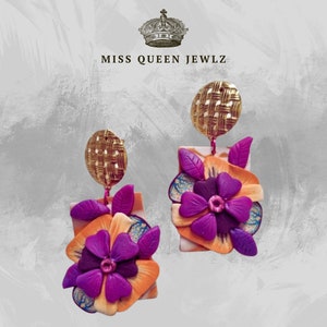 Pendientes de arcilla polimérica con diseño floral y tapas de acero inoxidable dorado