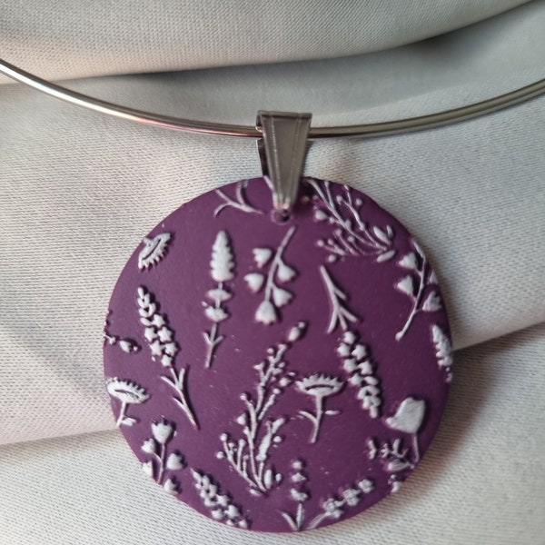 Purple and silver painted polymer clay necklace and pendant. Floral texture pendant with a stainless steel choker wire