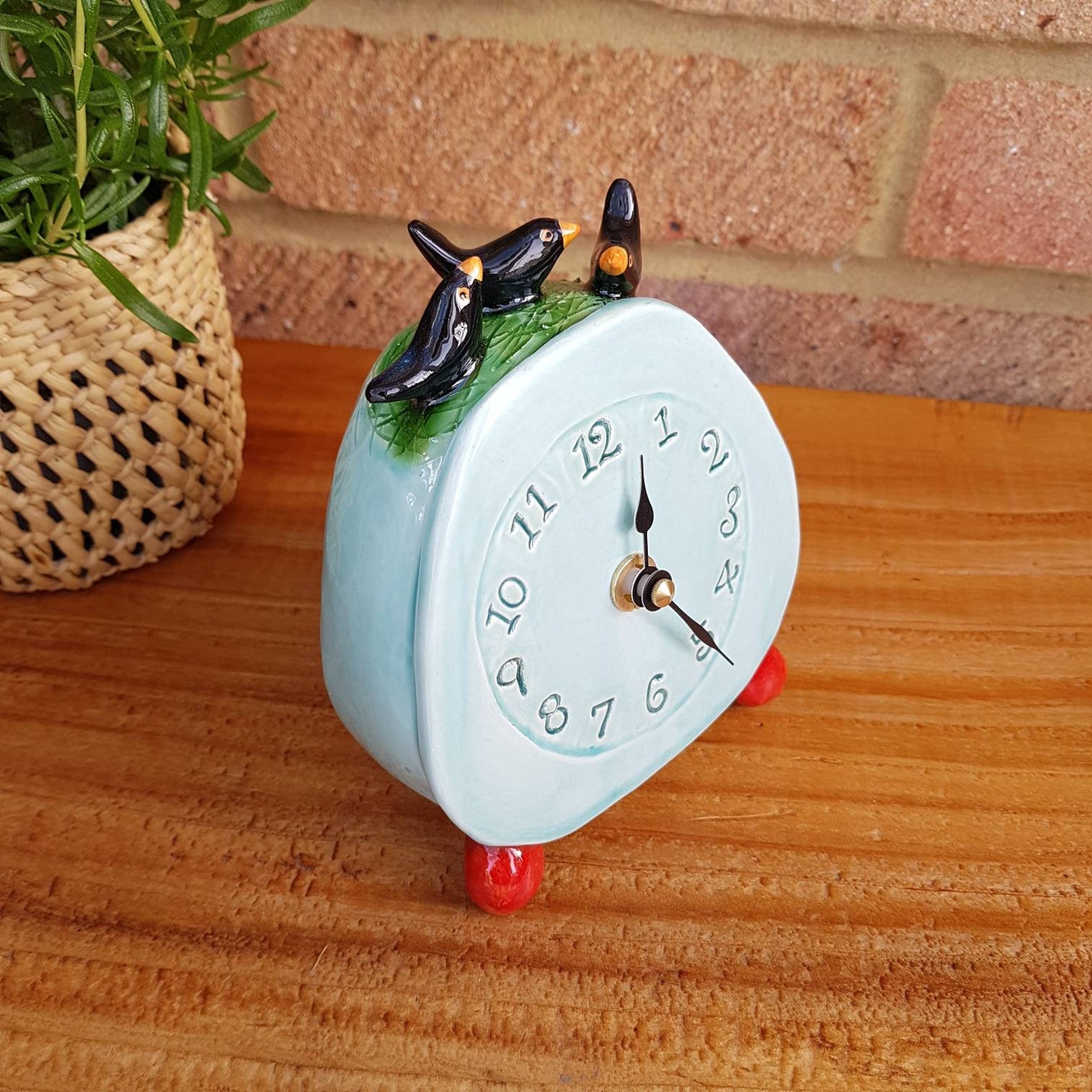 Quirky Clock Handmade uk studio pottery. Blue with blackbirds Etsy
