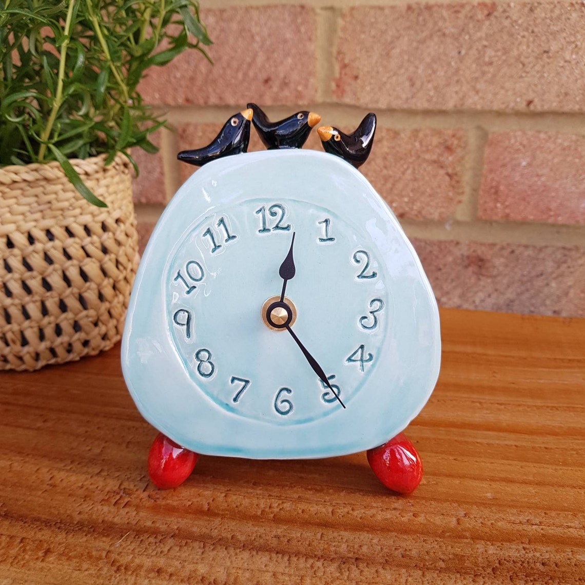 Quirky Clock Handmade uk studio pottery. Blue with blackbirds Etsy
