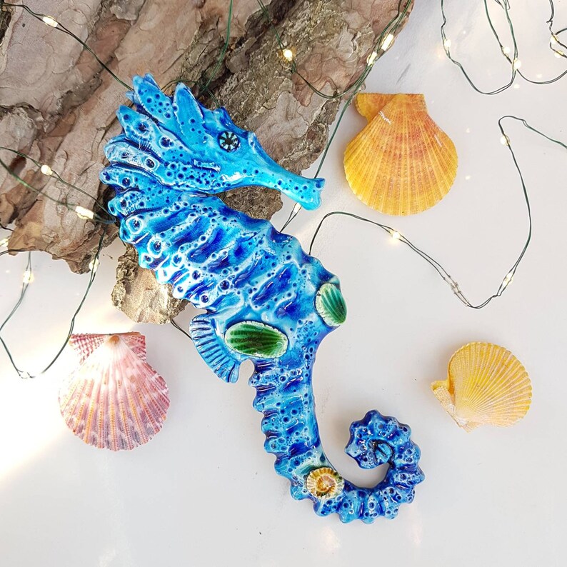 Handmade Seahorse ceramic pottery art wall hanging. Coastal Etsy