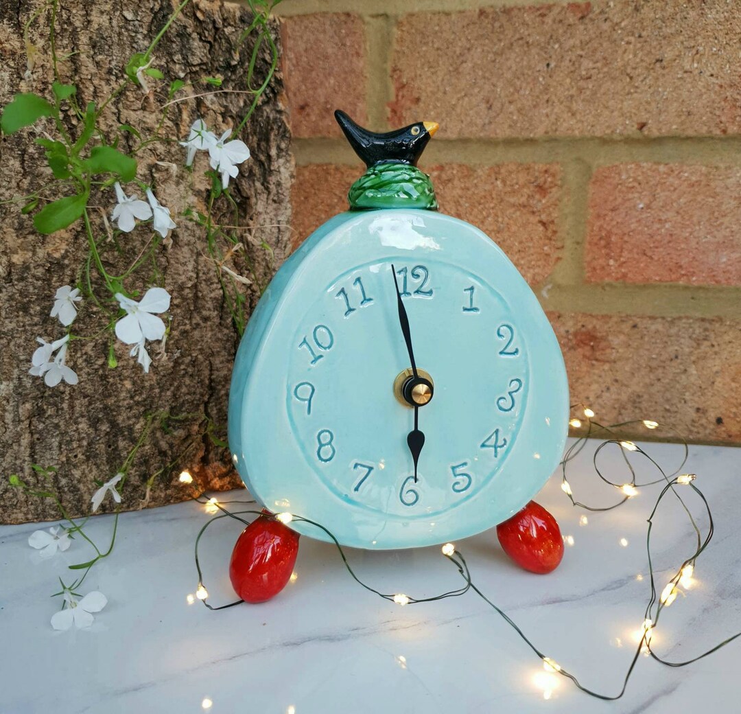 Mantelpiece Bedside Table Clock. Handmade Quirky Ceramic With Blackbird